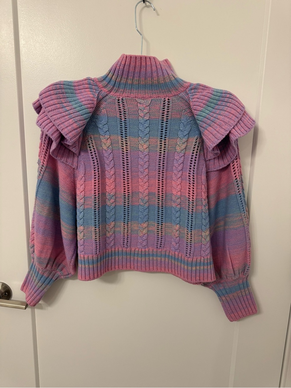 Something Navy Pastel Ombre Cable Knit Ruffle Shoulder Sweater - Picture 3 of 4